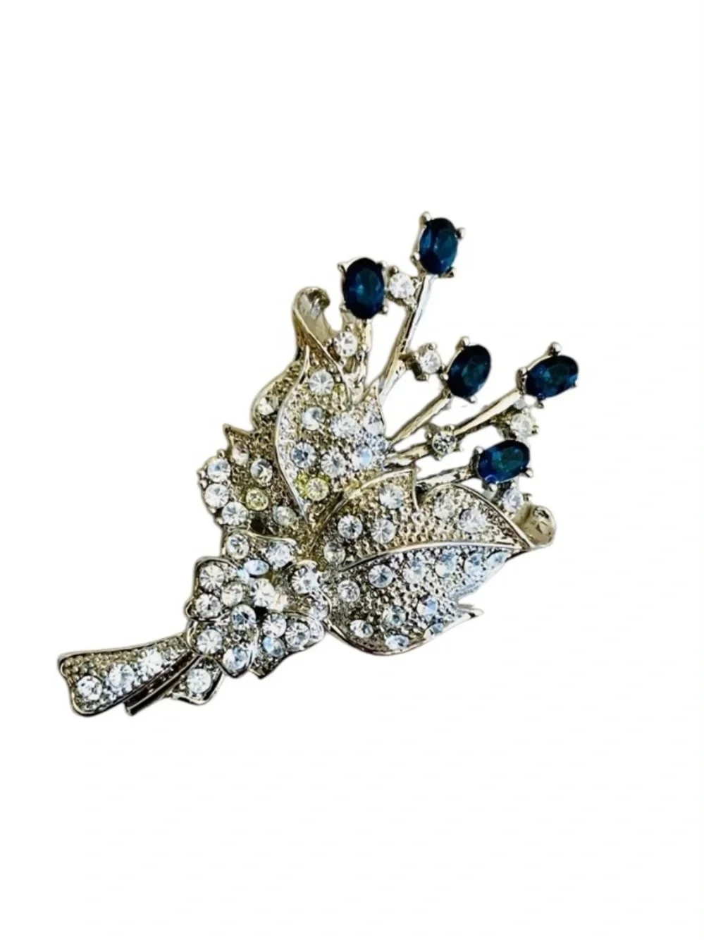 Vintage Rhinestone Flower Bouquet Brooch Silver Tone Sapphire Blue Crystal Pin